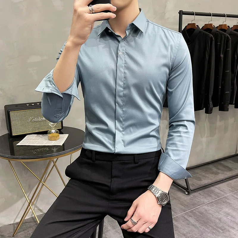 

Plus Size 4XL-M Embroidery Stretched Shirt Men Long Sleeve High Quality Solid Slim Fit Casual Prom Tuxedo Formal Wear Blouses