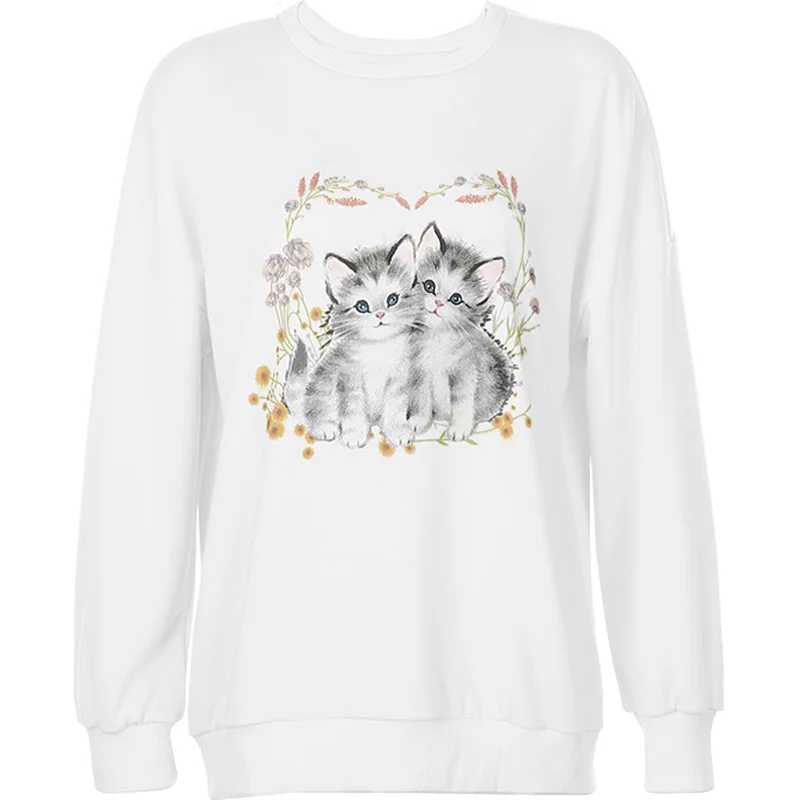 

WOMENGAGA 2021 Spring Autumn Clothes Women Crew Neck Long Sleeve Animal Printed Cute Cat Loose Casual Sweatshirt PU1L