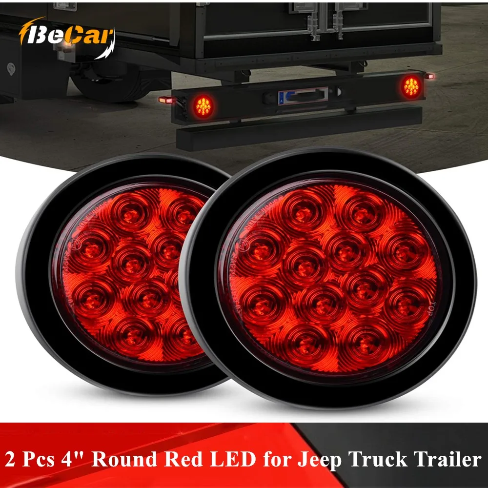 

2 Pcs 4" Round Red LED Tail Lights for Jeep Truck Trailer RV w/Surface Mount Grommet Plugs IP67 Car Stop Brake Turn Tail Lights