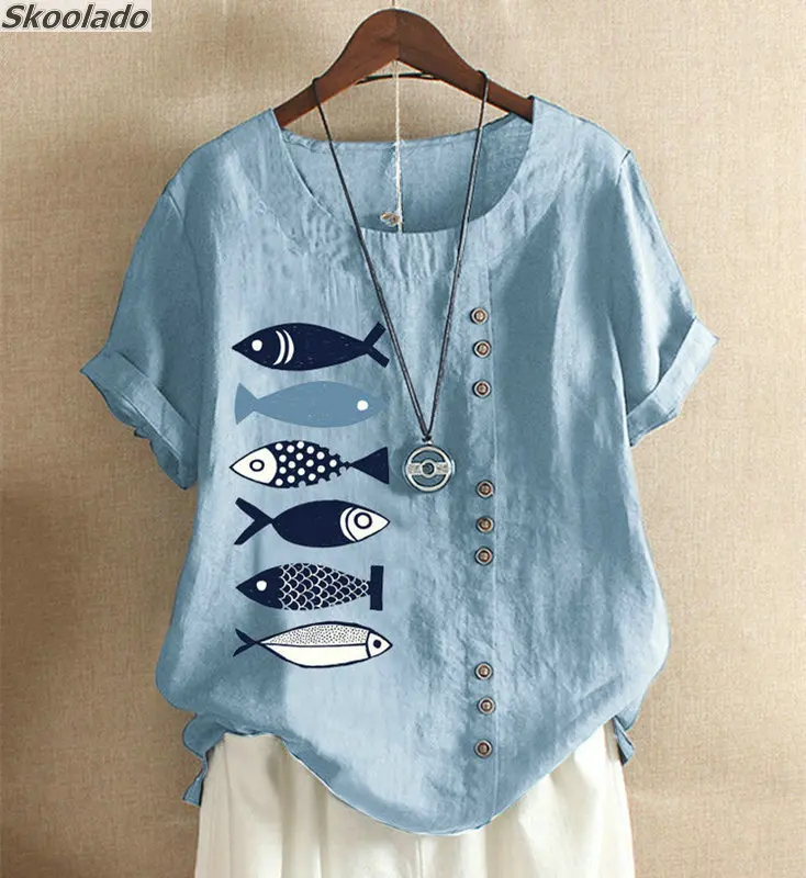 Блузка женская летняя из хлопка и льна с круглым вырезом коротким рукавом |