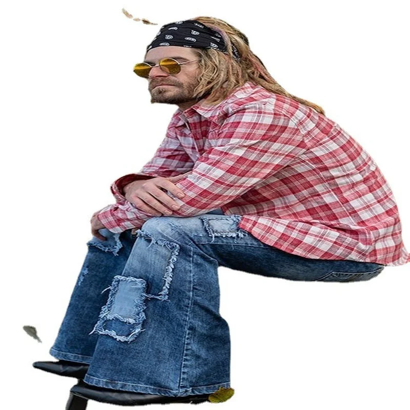 New Men Jeans Patch Elastic Flare Pants Retro Denim Jeans for Men Fashion Patchwork Jeans Casual  Men Clothing
