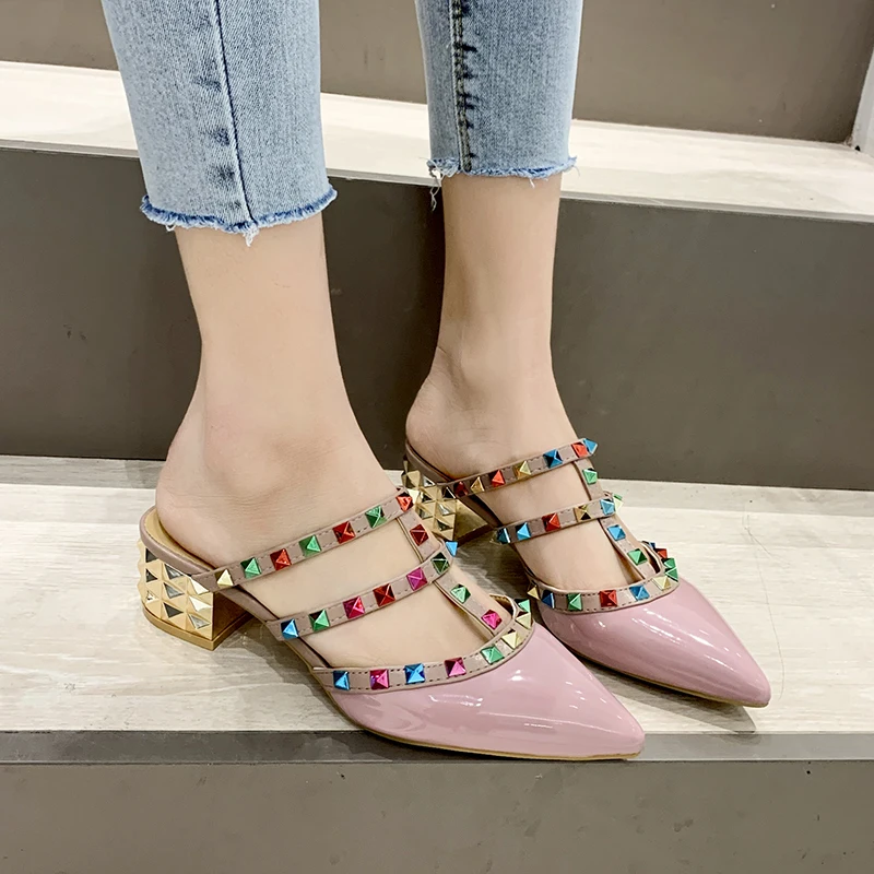 

Multicolored Sandals Pointed Toe Rivet Shoes Woman 2021 Med Slippers Casual Pantofle Square heel Low Luxury New Block Cover PU S