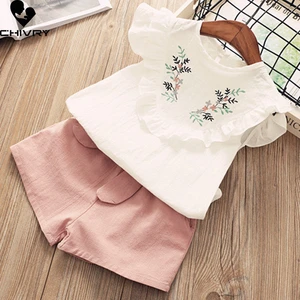 Two-piece Girls Clothing Sets Summer 2022 Baby Girls Floral Embroidery Short Sleeve T Shirts Tops with Shorts Kids Clothes Suit