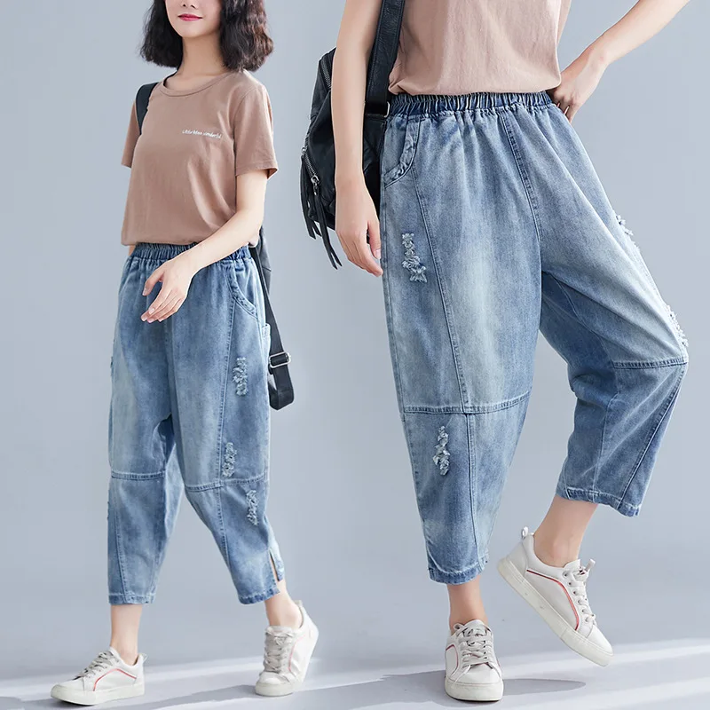 

Summer Ripped Boyfriend Jeans For Women Plus Size Loose Vintage Elastic Waist Denim Harem Pants Woman pantalones vaqueros mujer