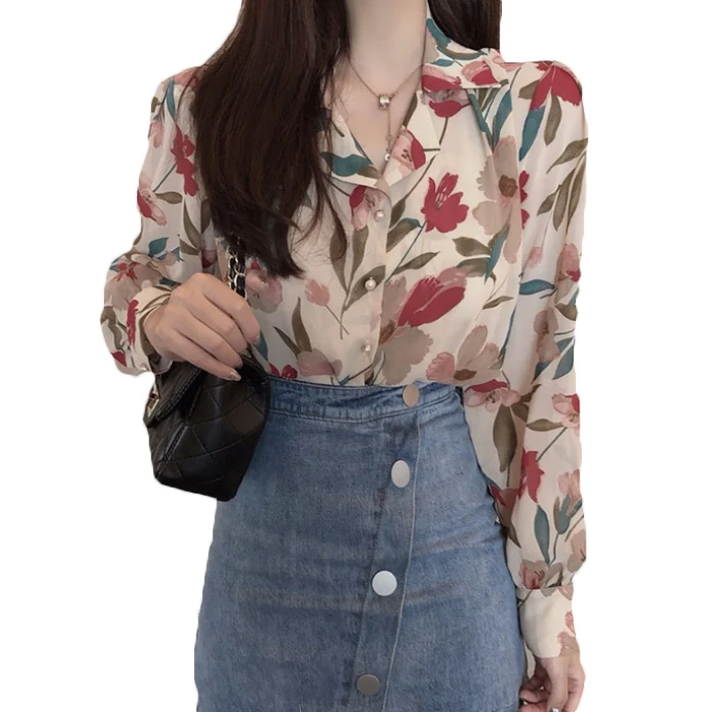 

2021 Spring Autumn Ladies Chiffon Shirt Temperament Printing Shirt Retro Chic Floral Blouse Women Clothes 157b