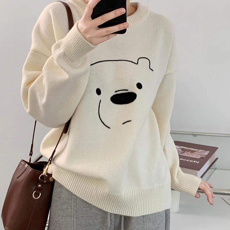 

Cute Simple Strokes Embroidery Cartoon Bear Age Reduction Round Neck Sweater Women 2021 Winter Knitted Long-sleeved Top