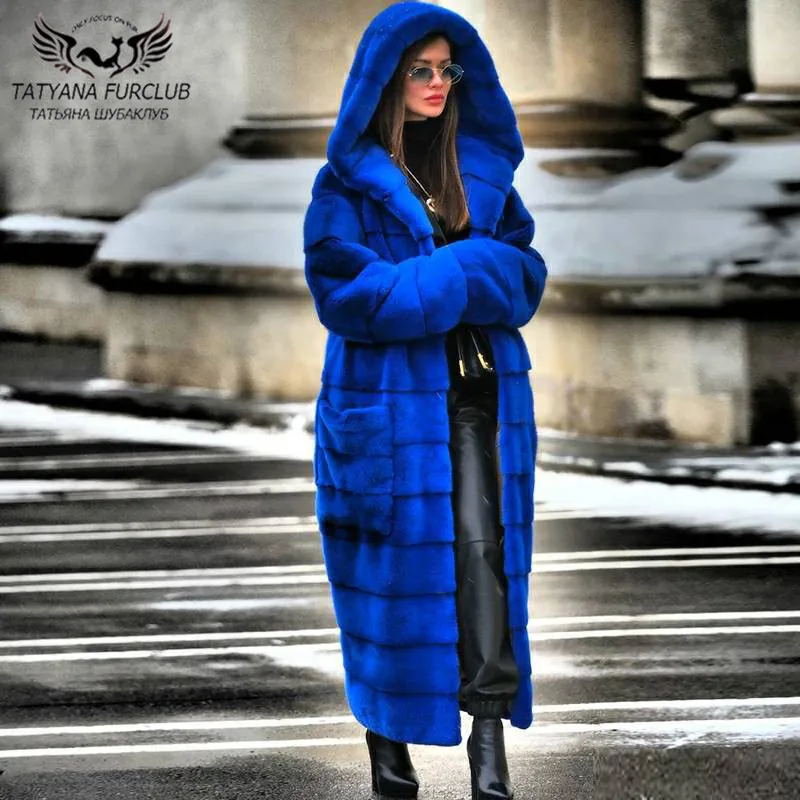 120cm Long Real Mink Fur Coats With Big Hood Fashion Luxury 2022 New Royal Blue Long Sleeve Genuine Mink Fur Coat Woman Outwear
