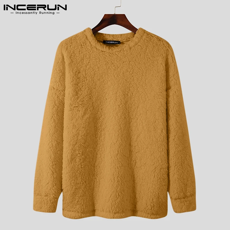 INCERUN Tops 2022 New Men American Style Solid Color Comfortable Plush Round Neck Casual Streetwear Loose Pullover Sweater S-5XL