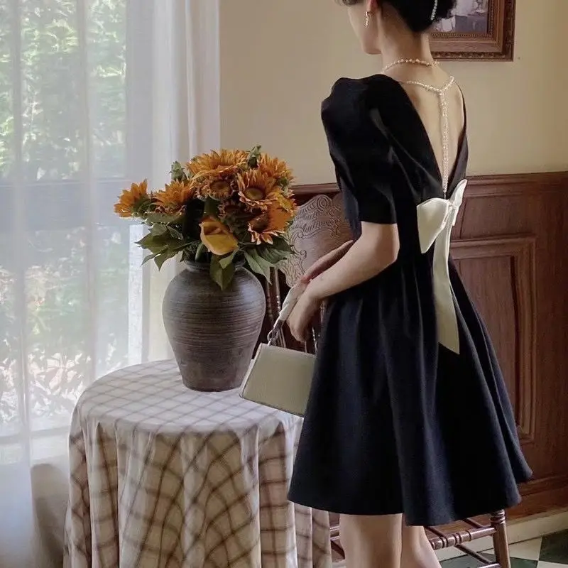 

Sister Fara Beading Backless Bow Women's Dress 2021 Summer Elegant Short Sleeve Loose Mid Dress V-Neck Casual Women's Dresses