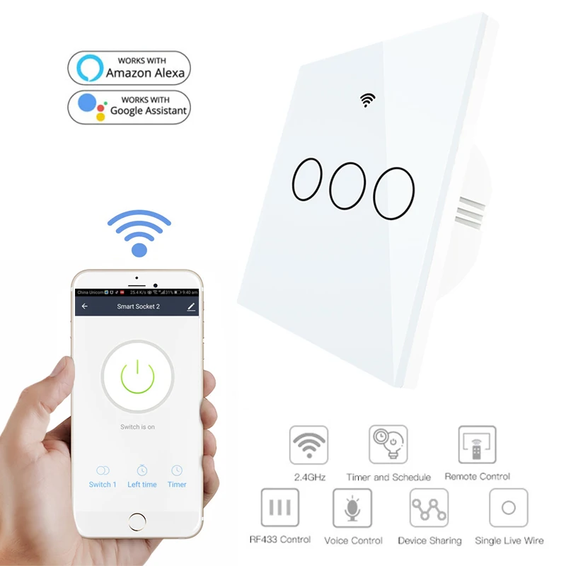 

Tuya Single Fire WiFi Smart Wall Switch 170-240V 86 Type RF433 No Neutral Wire Needed Work With Alexa Google Home Wifi Switch