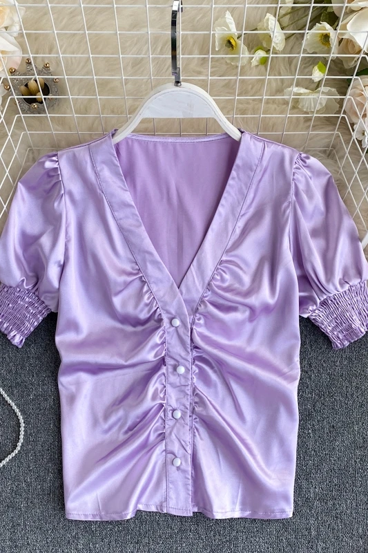 

Women's Clothing Satin Shirt Female Design Niche Pleated V-neck Breasted Slim Wild Short-Sleeved Tops