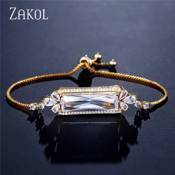 Gold Color ZAKOL большой багет прозрачный кубический цирконий регулируемый браслет для женщин свадебный ужин вечерние ювелирные изделия FSBP2124 - Окраска металла: Gold Color