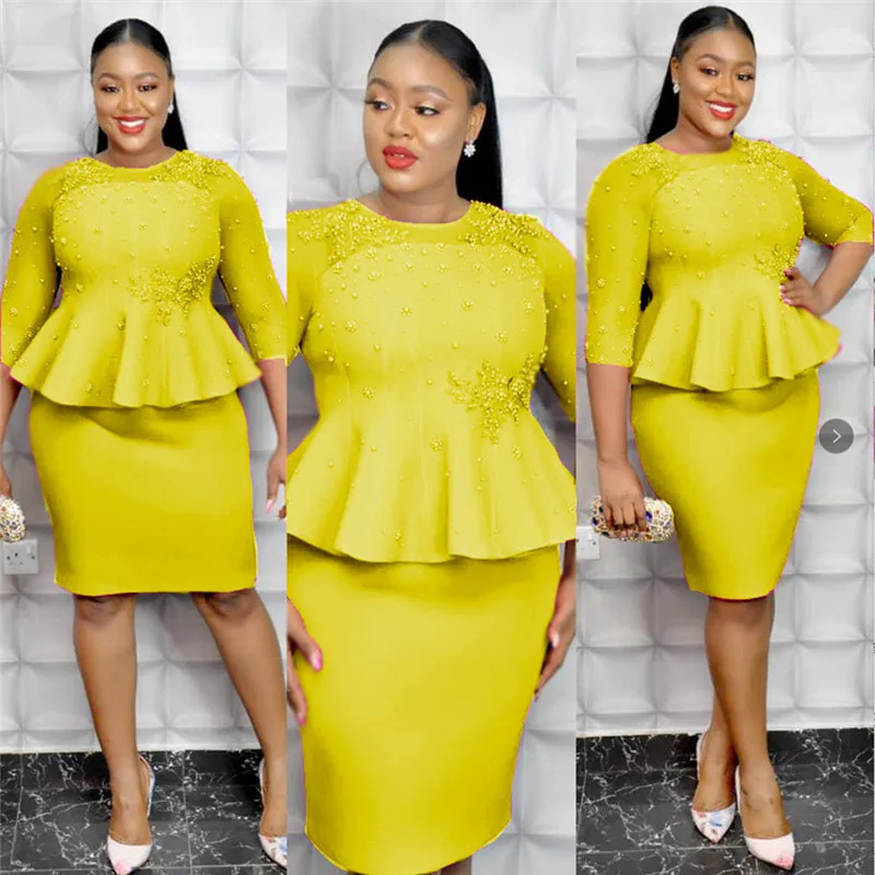 

Yellow Rose African Women mesh stitching party pencil dress women's 2020 new O neck trumpet Office beaded party dress