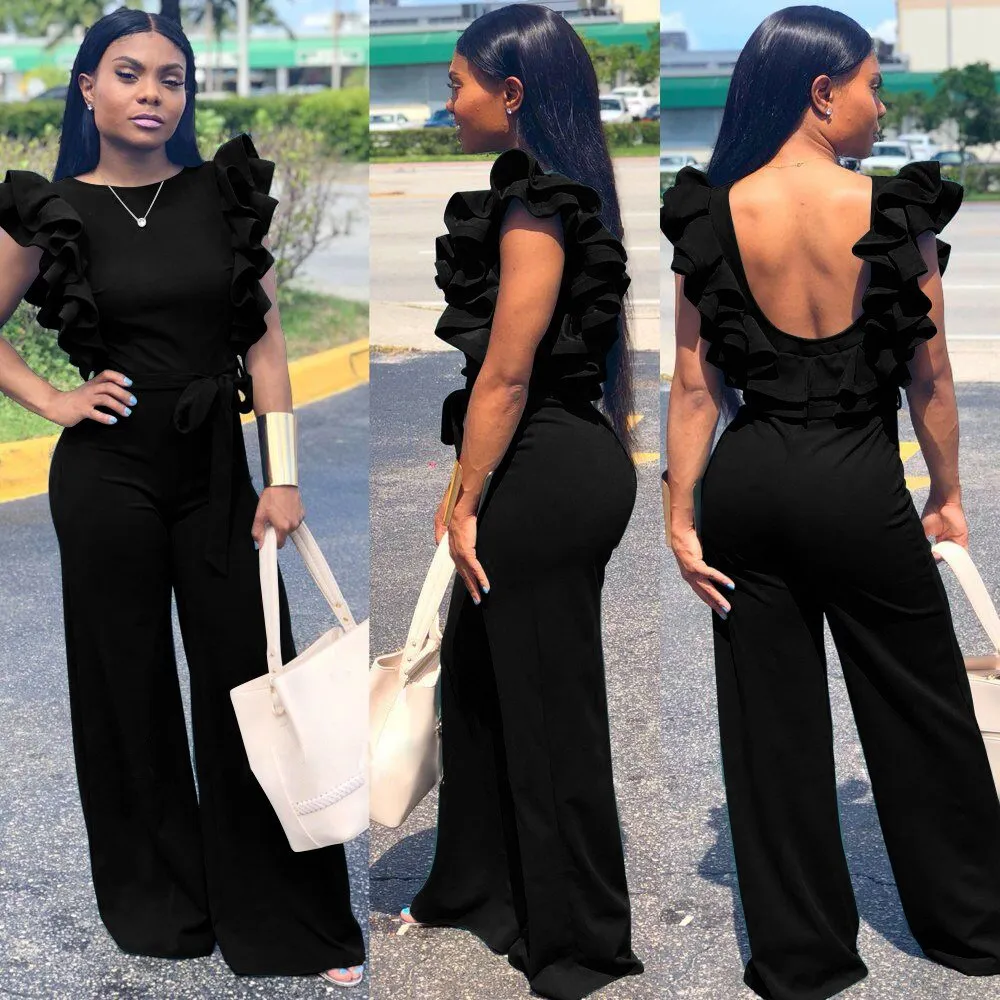 2019 женские элегантные комбинезоны с открытой спиной и оборками широкими