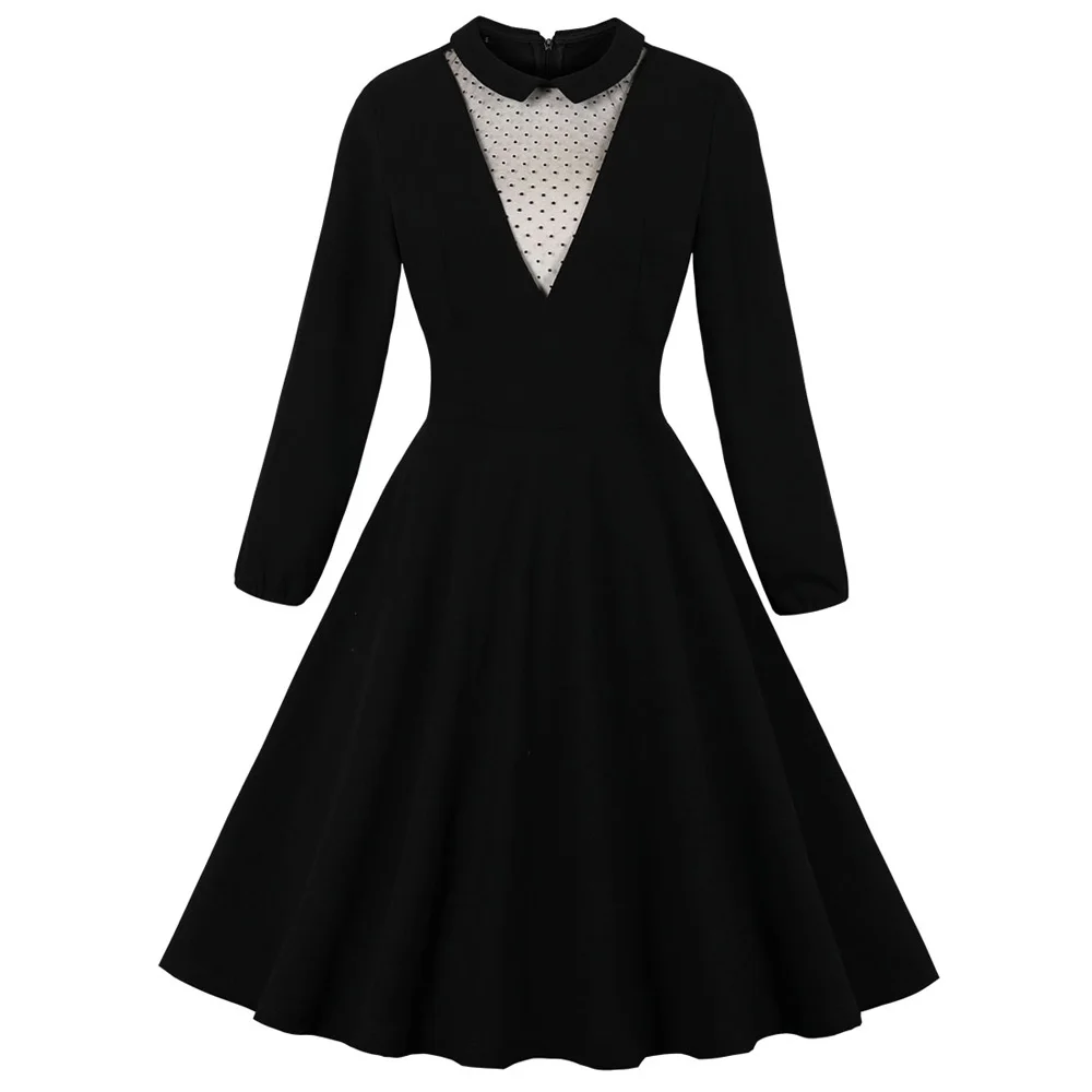 Joineles черное ретро платье с длинными рукавами воротник Питер Пэн высокой талией 60s