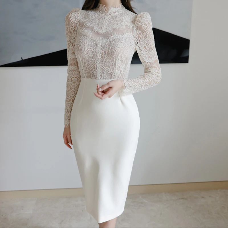 

new arrival fashion spring party night club dress women OL temperament sexy perspective slim white fresh slim midi pencil dress