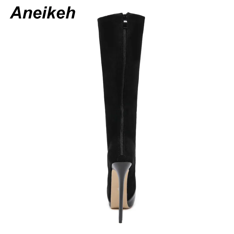 Aneikeh г.; модные женские сапоги до колена на платформе; обувь на высоком каблуке; пикантные сапоги из эластичной ткани на молнии с круглым носком; однотонные вечерние сапоги для офиса