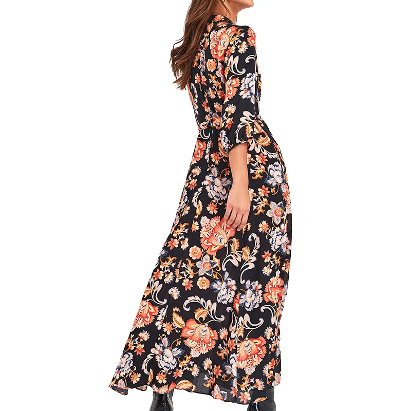 

Women's High-Waisted Black Floral Printing Dress Spring Autumn A Line Slim Long Dress Fashion Elegant Long Sleeve Shirt Dresses