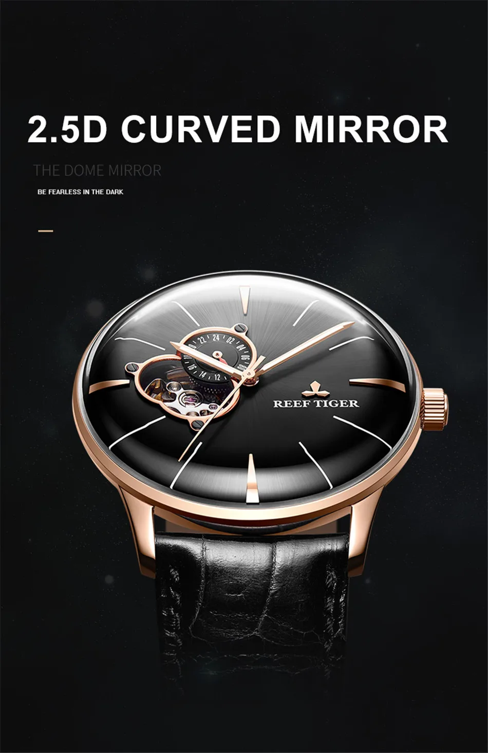 Reef Tiger бренд Tourbillon черный циферблат водонепроницаемые автоматические часы Топ Механические Роскошный кожаный ремешок мужские часы reloj hombre
