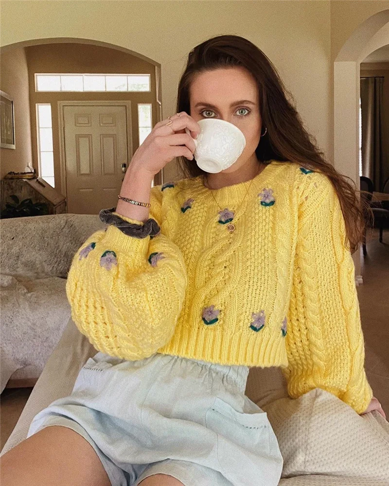 

2021 New Women's Round Neck Sweaters Long Lantern Sleeve Floral Pattern Cable Knit Crop Tops