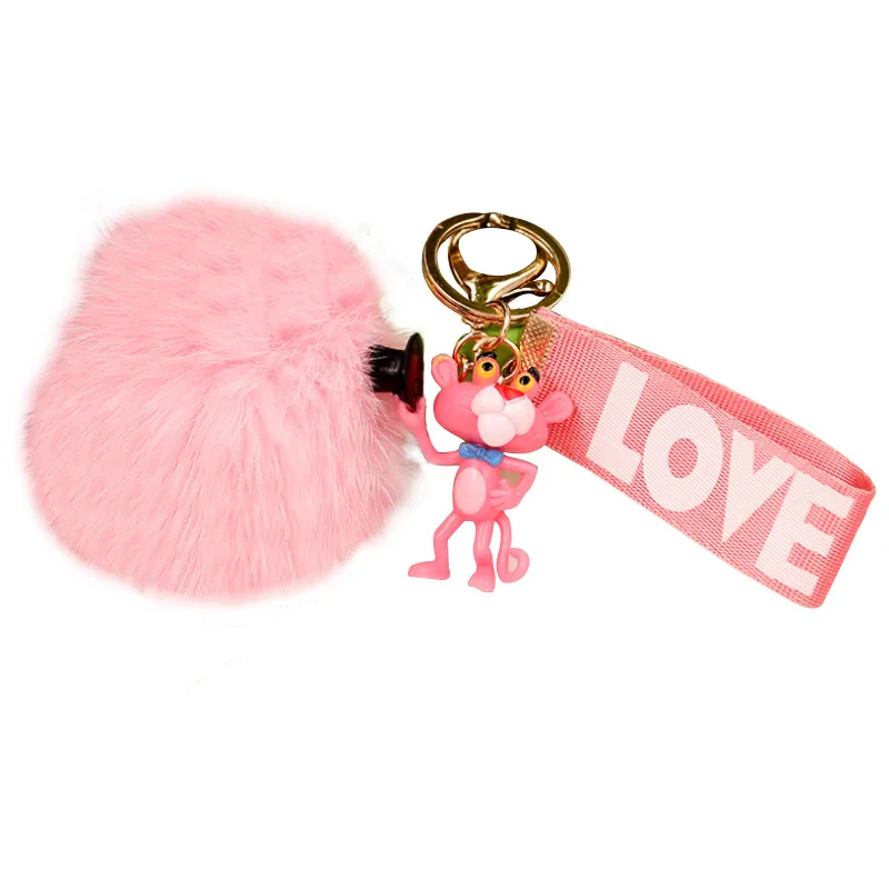 

Cute Anime Cartoon Pink Panther Keychain LOVE Ribbon Plush Ball Keyring Metal Car Keys Accessories Bag Pendant Creative Trinket