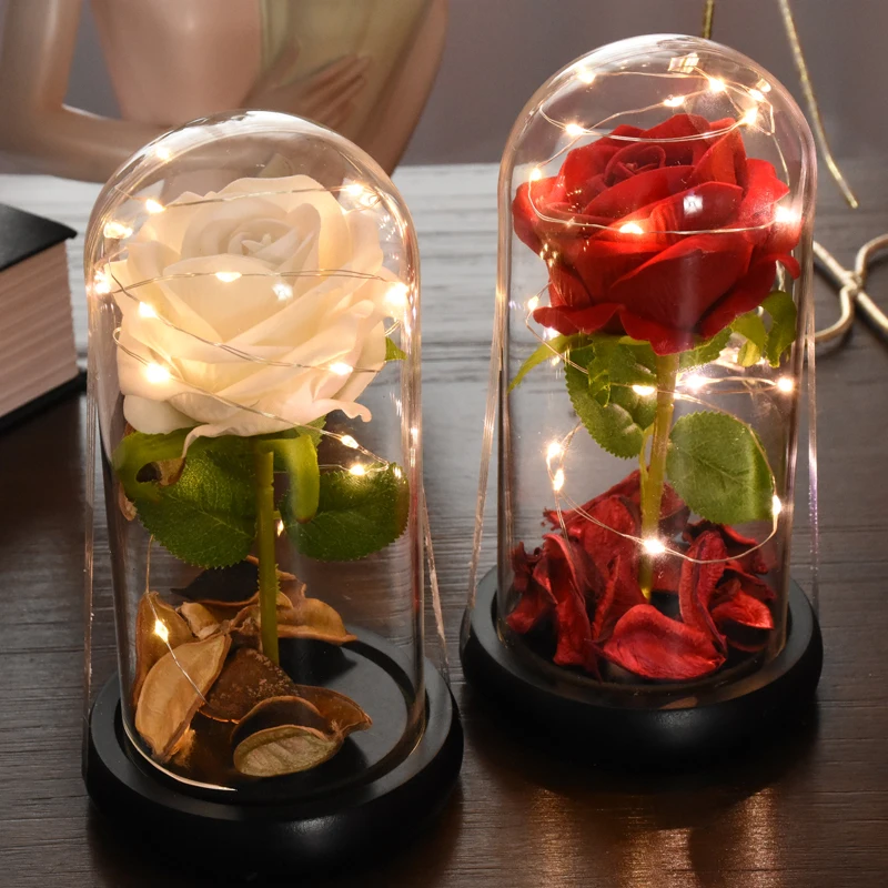 

Romantic Eternal Flower Rose Glass Cover LED Light Rose Artificial Flower In Dome for Christmas Mother's Valentine's Day Gifts
