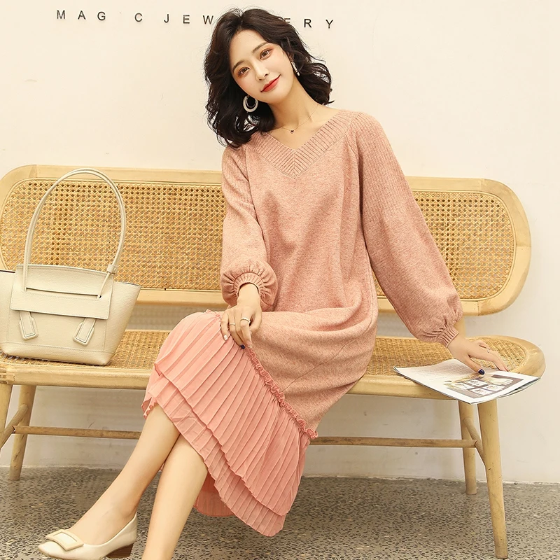 

JCHB 2021 Long Sweater Dress Knitted Sweaters for Women Korean Woman Pullover Autumn Winter Clothes V-neck Ropa Mujer Pph2373