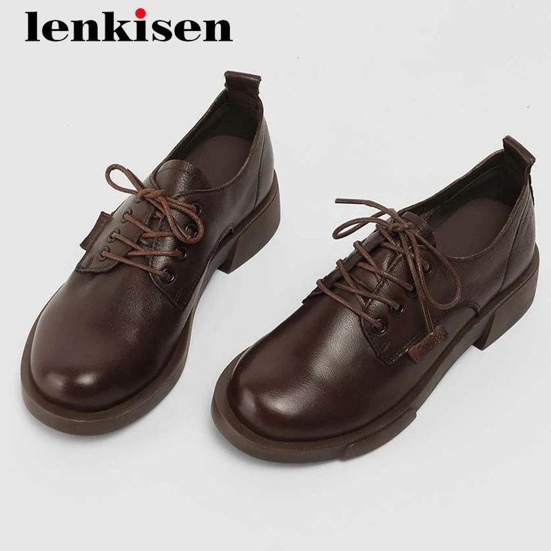 

Lenkisen preppy style genuine leather cross-tied leisure round toe thick med heel lace up daily wear convenient women pumps L79