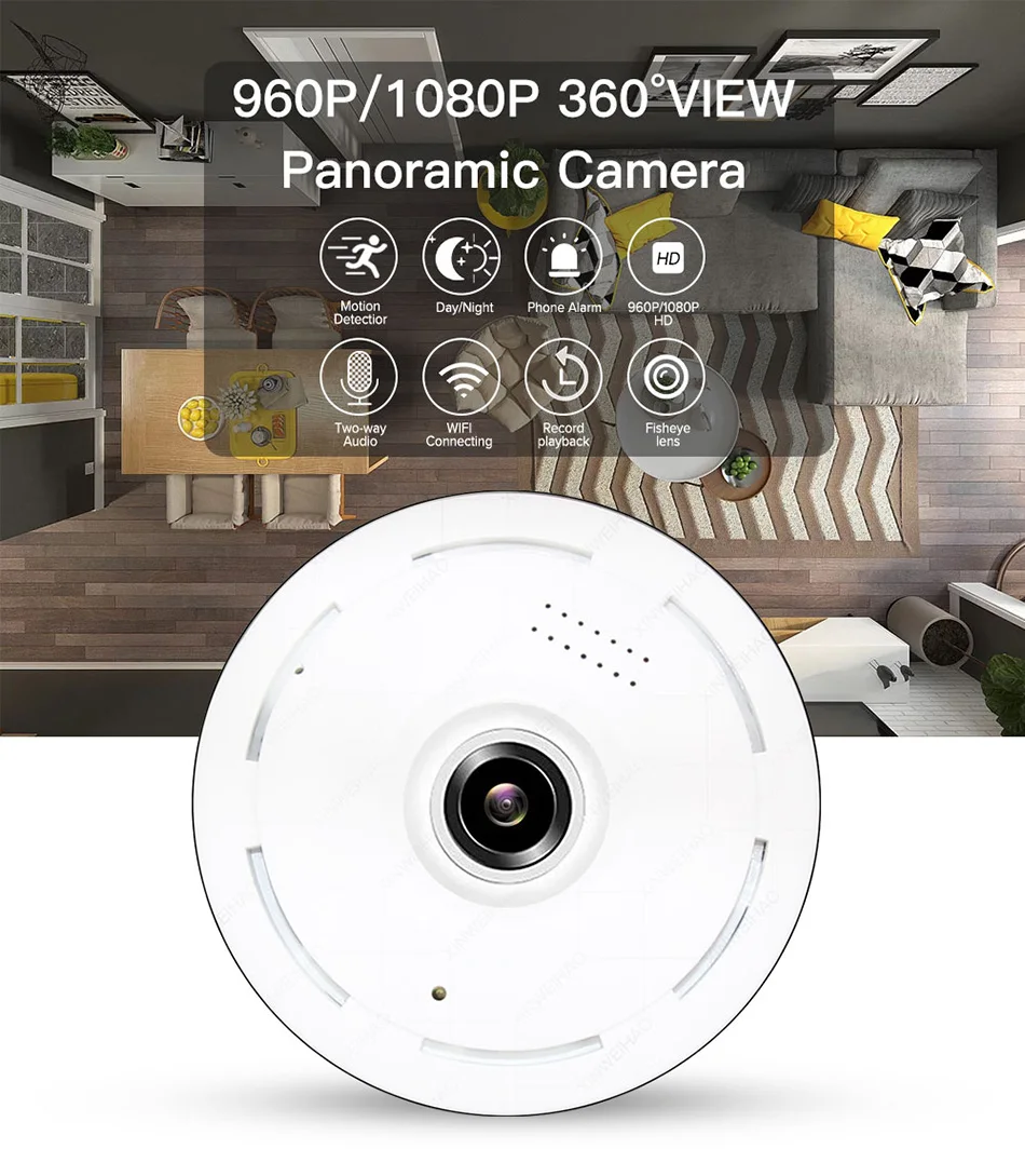 2.0MP Full view wifi 360 градусов двухстороннее аудио Панорамное 1080P рыбий глаз Беспроводная интеллектуальная ip-камера V380 мини-камера
