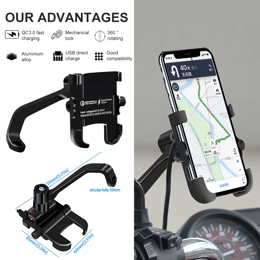 

360 Motorcycle Handlebar Mirror GPS Phone Holder Mount Bracket W/ USB Charger