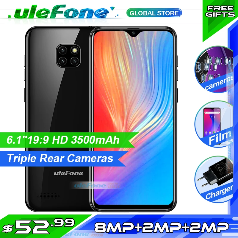 Смартфон Ulefone Note 7, 6,1 дюймов, 1 ГБ ОЗУ, 16 Гб ПЗУ, четырехъядерный процессор MT6580A, 3500 мАч, Face ID, три тыловые камеры, мобильный телефон на Android 9