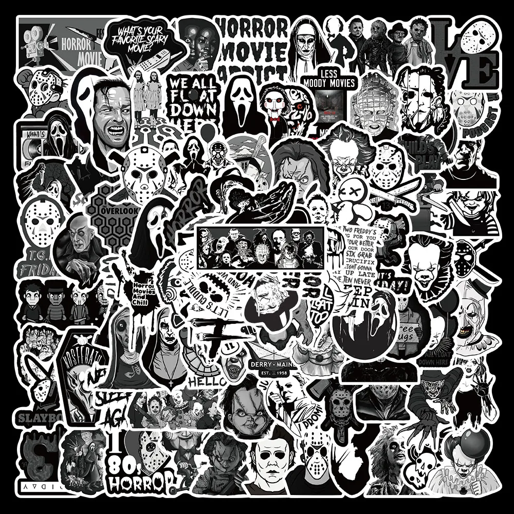 

10/50/100pcs Black And White Horror Movie Graffiti Stickers For Guitar Notebook Luggage Aesthetic Film Decals Sticker Kid toys