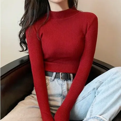 

Spring and Autumn New Long-Sleeved Pullover Solid Color Korean-Style Turtleneck Student Slim-Fit Knit Top Women's sweater
