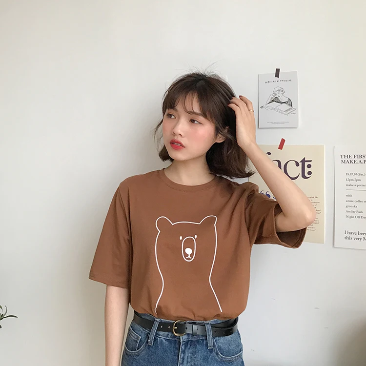 2 colors 2019 summer women tops korean style cartoon bear print short sleeve t-shirts womens tee shirt femme (F3665) | Женская одежда