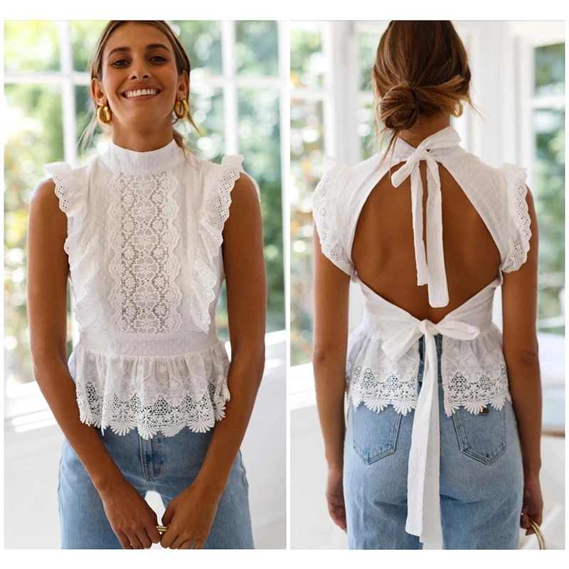 

Ruffles Sleeveless Shirt Women Backless White Color Summer Lace Hollow Shirt Blouse Top Sexy Lace Crochet Female Blouse Shirt