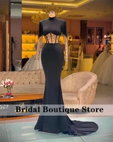 muslim black mermaid evening dresses 2022 satin lace long sleeve crystal dubai wedding party gowns arabic formal dress elegant