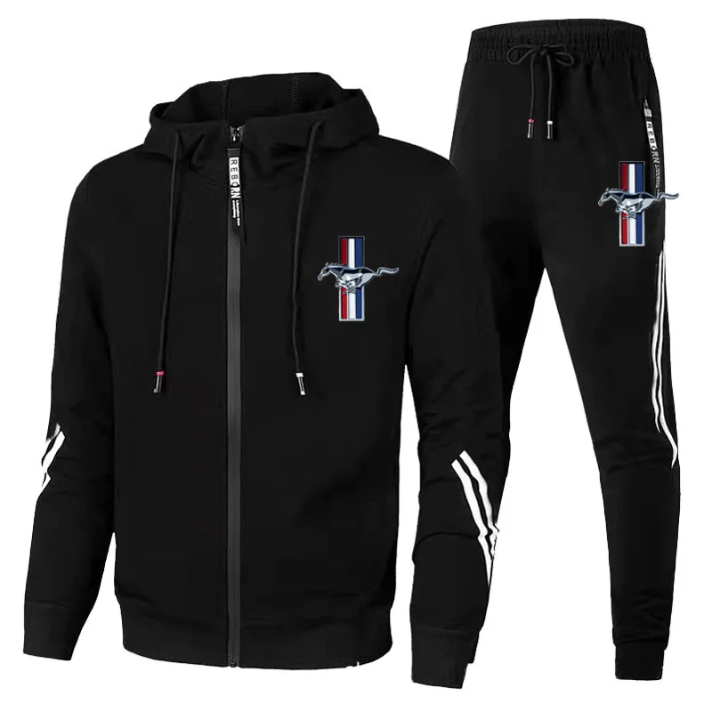 

2021 new Mens Striped Tracksuit MUSTANG Car Logo Print Hoodie Suits 2 Piece Hoodies&Pants Sportswear Jogging Casual Sets