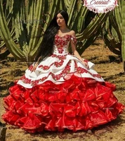 red floral charro quinceanera dresses off shoulder puffy skirt lace embroidery princess sweet 16 girls masquerade prom dress