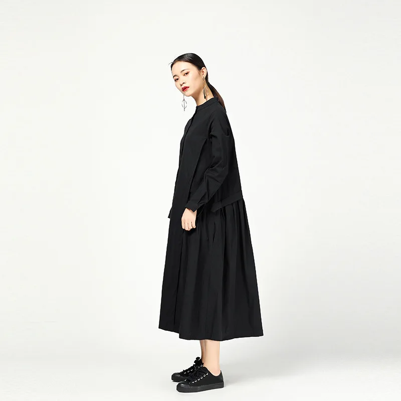 

[EAM] Women Black Pleated Split Long Dress New Stand Collar Long Sleeve Loose Fit Fashion Tide Spring Autumn 2021 1N471