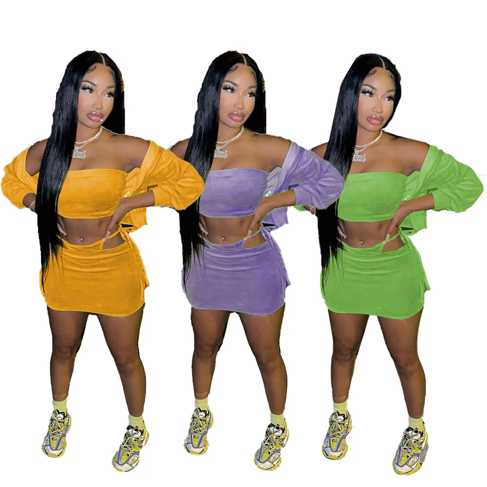 

Fall 2021 Womens Fashion Skirts Sexy Solid Color Wrapped Chest Short Skirt Jacket Three-piece Bulk Item Wholesale Dropshipping