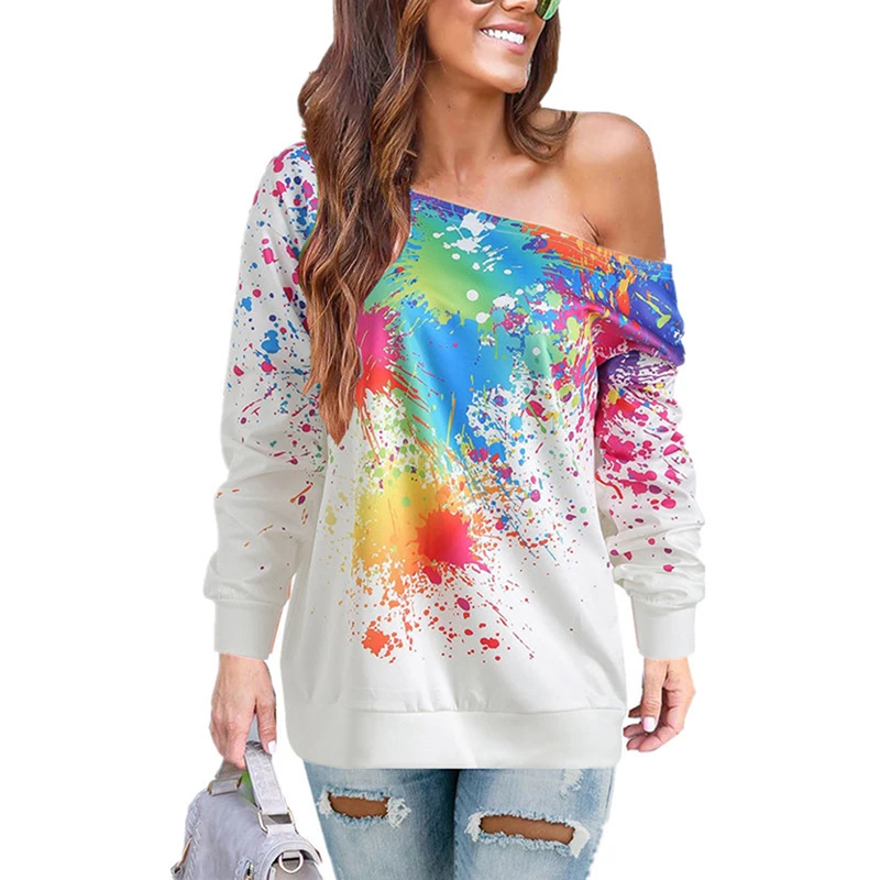 

Fashion Hoodie Women Sexy Skew Neck Long Sleeve Paint Splatter Print Sweatshirt Top Blouse Sudaderas Para Mujer Hoodie Women