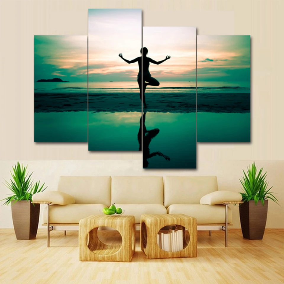 

4pcs Print poster canvas Wall Art Evening yoga by the sea Modular pictures on the wall sitting room(no frame)