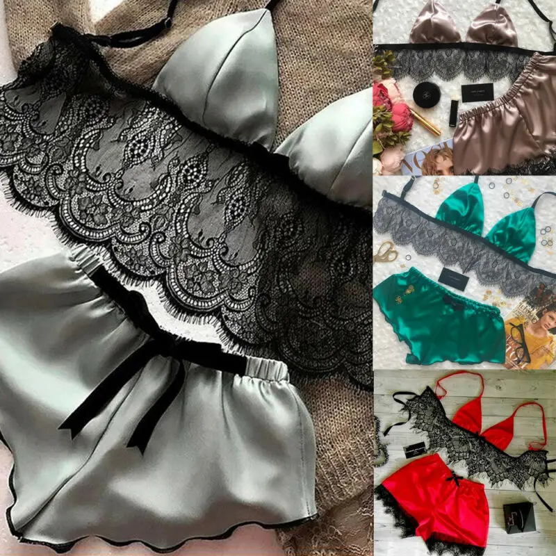 Женский пижамный комплект из 2 предметов: кружевной атласный шелк бюстгальтер +