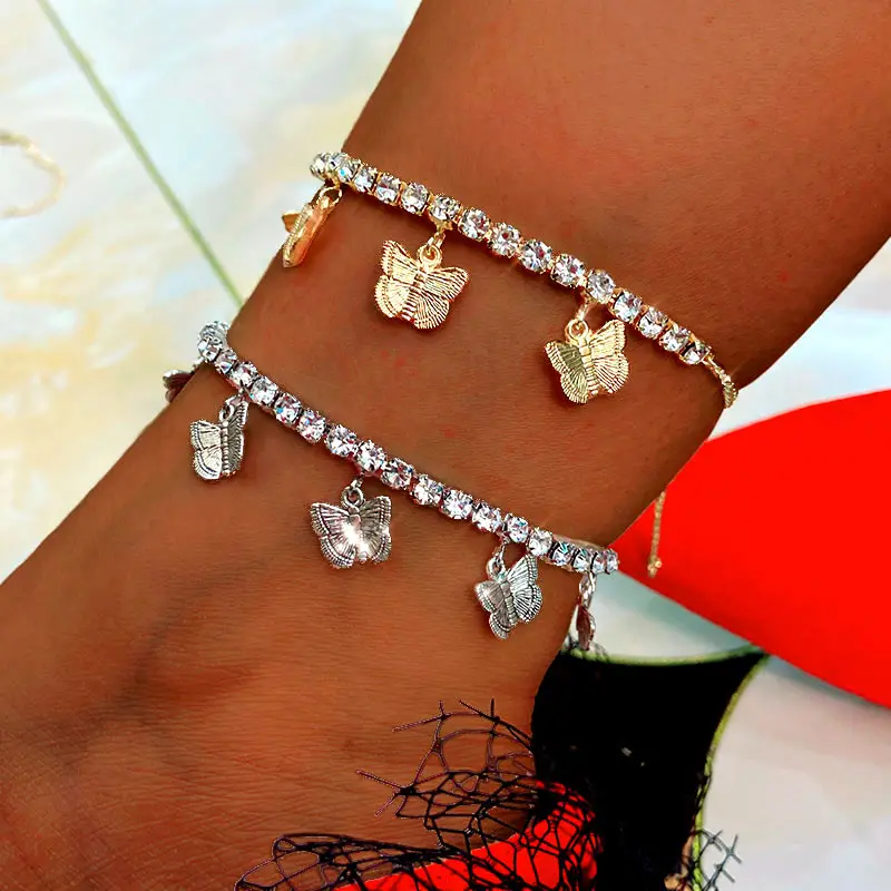 Цепочка на ногу Bling Стразы для женщин ножной браслет с подвеской-бабочкой из