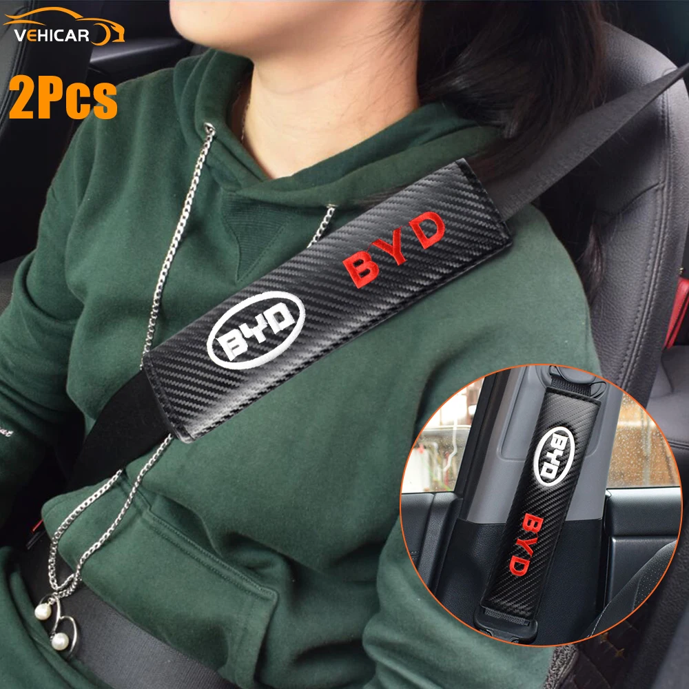 

VEHICAR Car Seat Belt Covers Pad 2PCS Safety Belt Pads Carbon Fiber For BYD Logo Knitting Driver Protector Shoulder Accessories