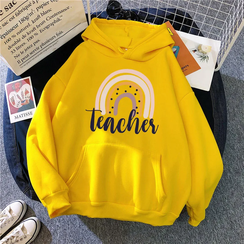 

2021 Literary Style Aesthetic Teacher Letters Sweatshirt Creative Cute Rainbow Teach Hooded Sweet Casual Autumn Winter Pullover