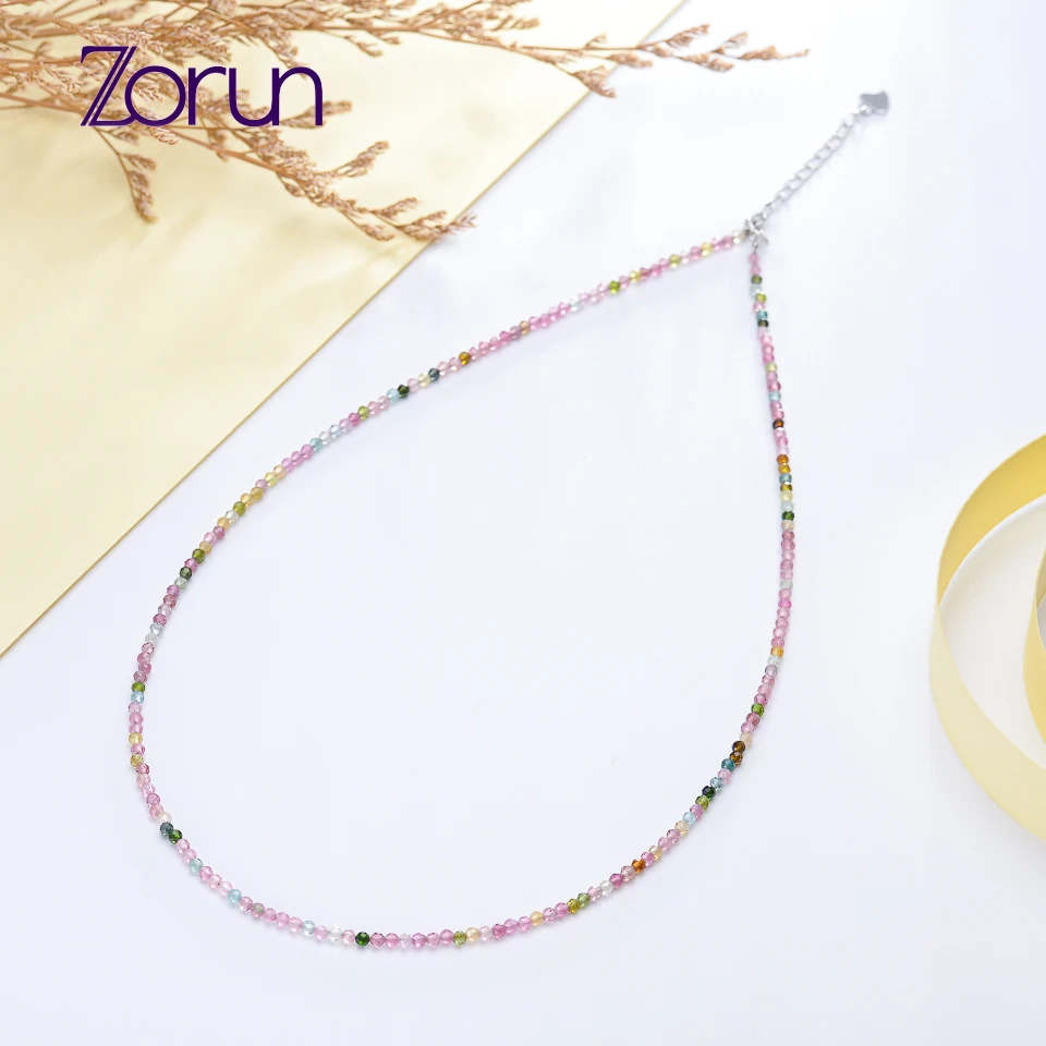 

Natural Stone Spinel/Fluorite/Amazonite/Zircon Jewelry 2MM with 925 Sterling Silver Accessories Tourmaline Necklace for Women