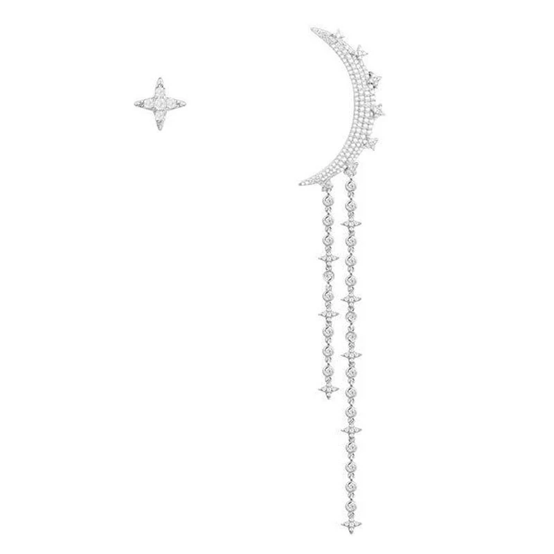 

SOELLE Asymmetric 925 Sterling Silver Cubic Zirconia Star Moon AB Earrings with Long Tassel CZ Fine Women Luxury Brand Jewelry