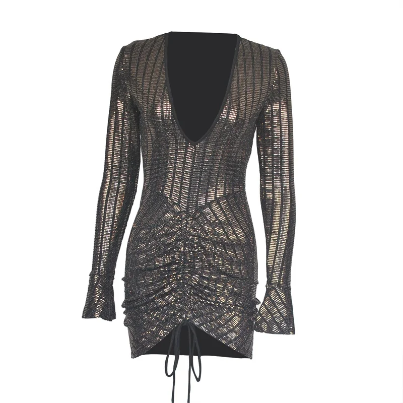

Deep V-neck Stripe Sequin Dress Women Flare Sleeve Elegant Office Dress Summer Drawstring Hip Wrappary Club Dress