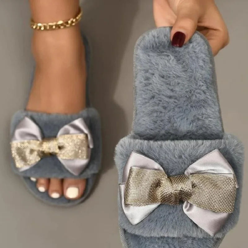 

Bowknot Slippers Women's Home Corduroy Bowknot Slippers Non-slip Flat Bottom Ladies Living Room Shoes New 2021